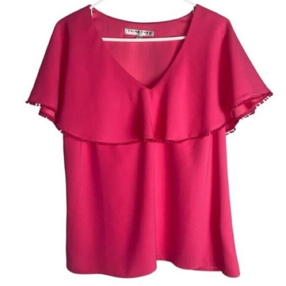 Trina Turk Women’s Blouse Size L Fuchsia Pink Ruffle Overlay V-Neck Top Pom Trim - Picture 1 of 4
